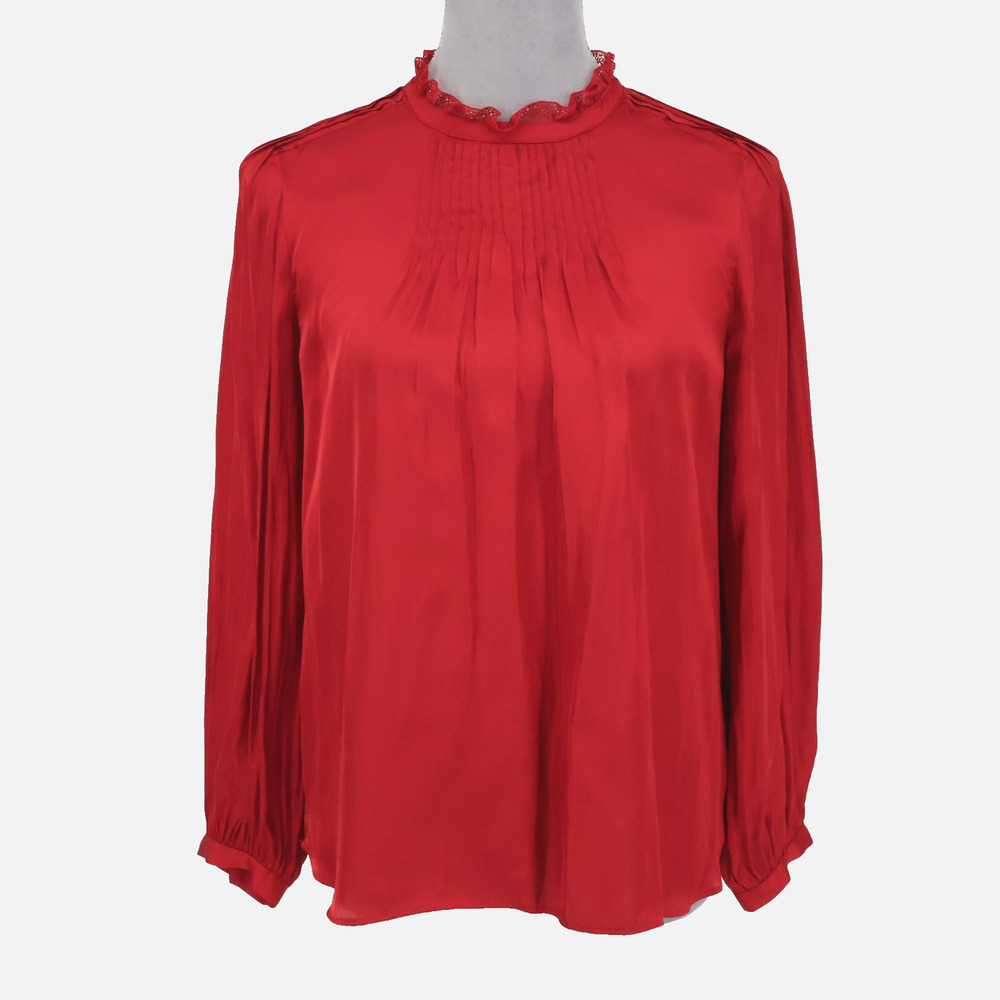J Crew Top Womens XS Red Satin Blouse Lace Neck Pleated Back Buttons Pullover